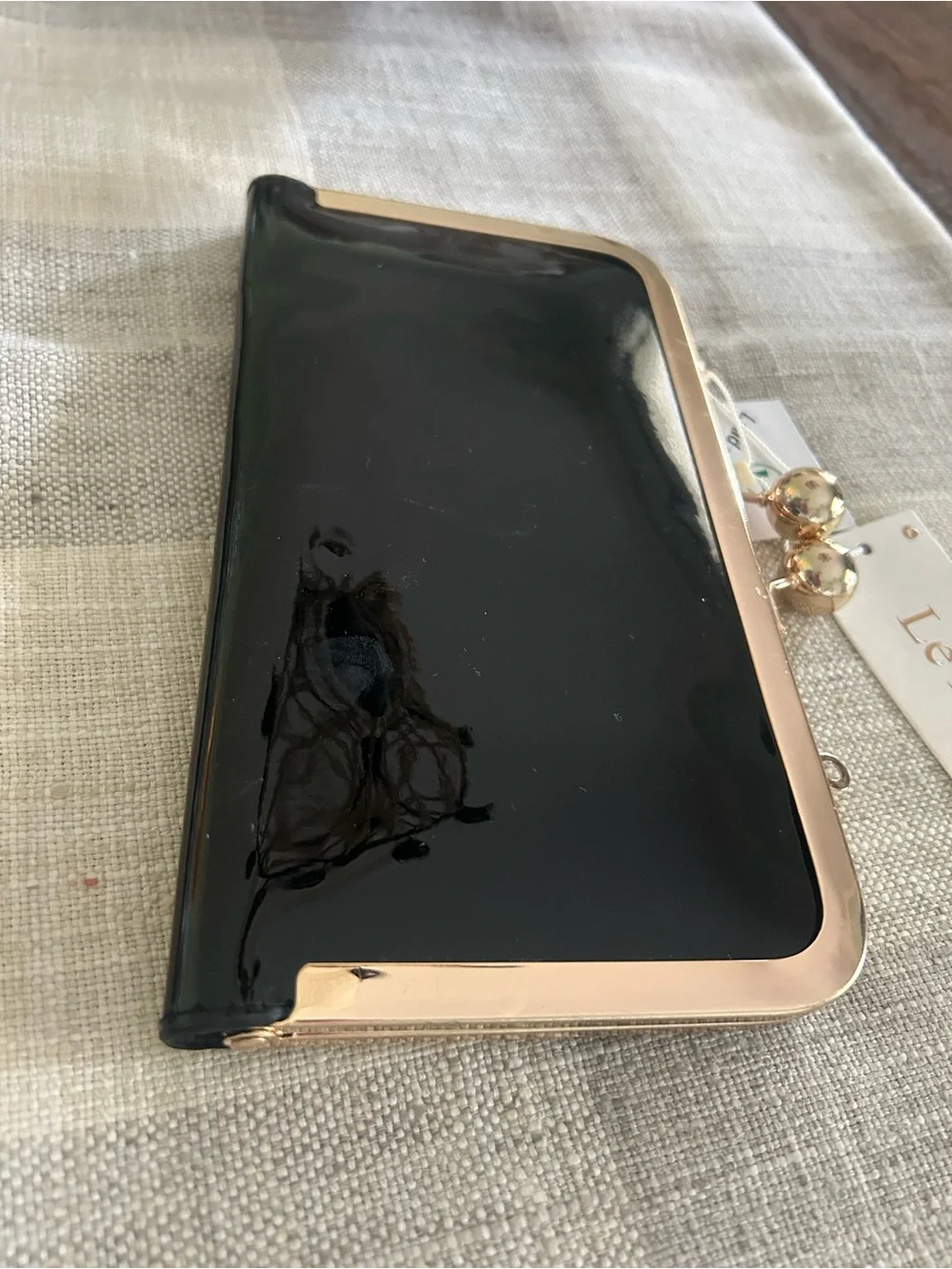 Le Miel Black Patent Clutch Purse with Gold Trim Removable Gold Chain Strap